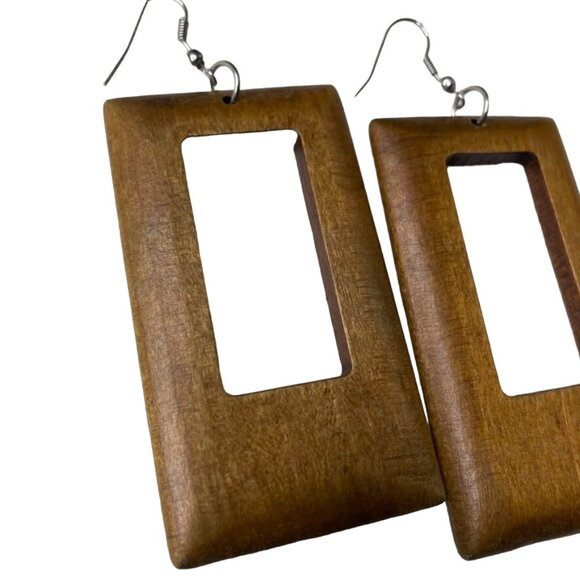 Handmade Rectangular Wooden Dangle Earrings With Cutout Design u - Picture 3 of 7